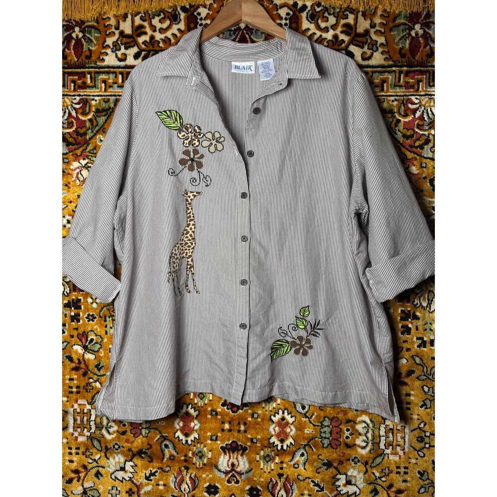 90s Vintage Blair Striped Giraffe Applique Button Down Plus Size 2X